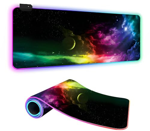 Mateju 3D Tapis de Souris Gaming RGB 14 Modes LED Lumineuse, Lumineuse Tapis de Souris XXL, Accessoire Bureau avec 7 Couleurs avec Base en Caoutchouc Antidérapant (Multicolore,700x300x4mm)