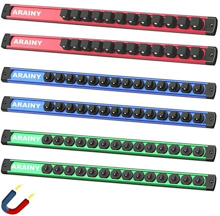 Magnetic Socket Holder Organizer 6-Piece Set, Aluminum Alloy Socket Rail for Tool Box Drawer, 360° Swivel 1/2, 3/8, 1/4-Inch Socket Trays Socket Organizer Holds 80-Piece Standard Size Sockets