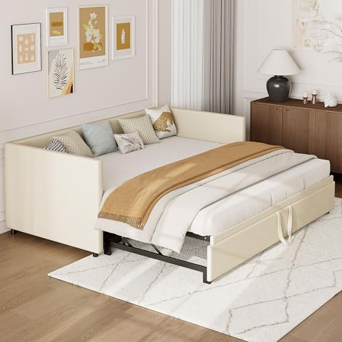 Schlafsofa 90/180x200cm, Polsterbett Tagesbett mit Ausziehbares Rollbett, Einzelbett/Doppelbett mit Lattenrosten, Multifunktionsbett Samtstoff Bett Bettgestell Gästebett, Ohne Matratze (Beige)