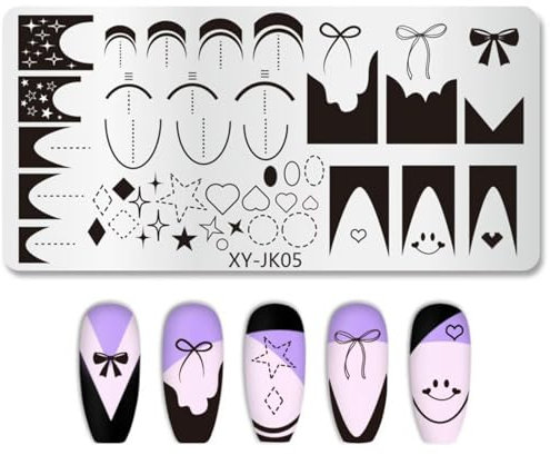 RUNRAYAY French Line Nagelstempelplatten French Tip Nagelstempelplatte Geometrische Wellenstreifen Nail Art Stamper Schablonen Druckvorlage Edelstahl