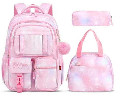 Tanou Ensemble de Cartable Fille Primaire, Sac d Ecole Fille en 3 Pièces | Respirant Sac à Dos Scolaire en Nylon avec Sac repas et Trousses pour Enfants CE1 CE2 CM1 CM2, Rose