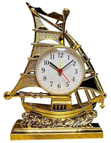 Steowsey Clock Alarm Sailboat Table Vintage Retro Model Ornament Nautical Desk Clocks Boat Figure Silent Bedside,Gold Easy Install