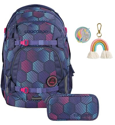 coocazoo Schulrucksack-Set Mate „Indigo Illusion & Unicorn“ 3-teilig, lila, ergonomischer 30L Tornister, höhenverstellbar, für Kinder ab der 5. Klasse, inkl. Federmäppchen & Colour UP-Set