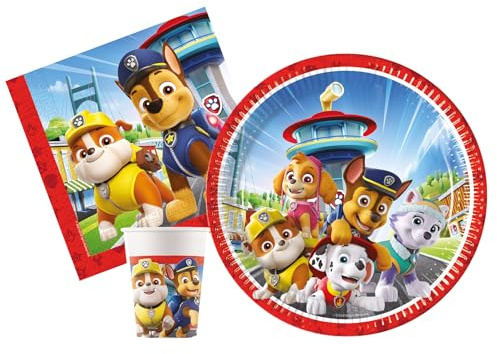 Kit Vajilla de Fiesta Paw Patrol Patrulla Canina Rescue Heroes para 8 personas (36 pcs: 8 platos Ø23cm, 8 vasos 200ml, 20 servilletas 33x33cm) de papel FSC compostable eco-friendly