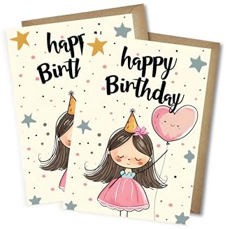 WBdesignz Mädchen Geburtstag Karte mit Umschlägen - Süße Geburtstagskarte für Kinder Happy Birthday Prinzessin mit Herzluftballon Glückwunschkarte zum Geburtstag DIN A6 (2er-Set, Prinzessin)