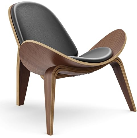 OTDMEL Mid Century Modern Shell Lounge Chair, PU Leather, Tripod Plywood Classic Design Solid Wood Accent Chairs for Living Room, Reading, Lounge, Office, Walnut