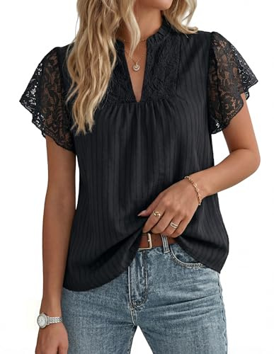 Women's Lace Cotton Elegant Top Henley V Neck Ruffled Sleeve Blouse Ladies Summer Casual Going Out Tops Black XL