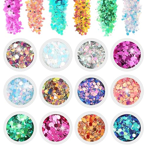 ALIIP Paillettes de Corps, 12 Couleurs Paillette Maquillage Set, Paillette Festival pour Visage, Corps, Ongles, Cheveux, Halloween, Fête, Noël, E