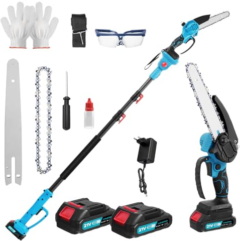Cordless Mini Chainsaw & Pole Saw 6.7Ft, 2 in 1 Brushless Tree Trimmer Electric Chain Saw with 4.0Ah Batteries, Telescopic Motor Head 180° with Extension Pole, for Tree Trimming, Garden, Wood Cutting