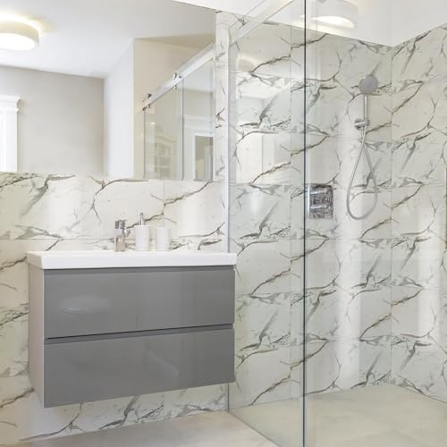 CREARREDA Piastrelle Autoadesive adatte per Cucina, Bagno e Soggiorno, Piastrelle in gomma laminata per qualsiasi tipo di muro 30x60x0,4 cm Made in Italy Effetto Marmo Travertino Lucido, 10 Pz