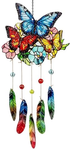 formano Schmetterling Fensterhänger aus Farbglas Deko Hänger 48 x 22cm Bunt Glas Fensterhänger mit Federn Kunstvoller Glasanhänger Dekorativer Fenster Schmuck für Balkon, Garten oder Fenster