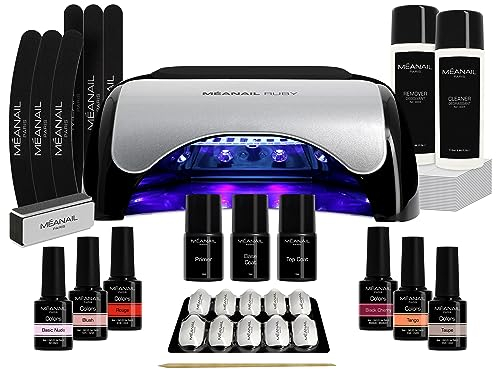 MEANAIL Paris - Marque française - Kit manucure - Complet - Vernis semi permanent - Lampe LED - 6 Vernis à Ongles - 1 Base Top Coat - 1 Primer - Coffret Ruby