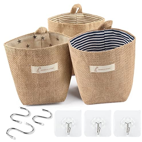 Hotipine 3 Pcs Rétro Sac de Rangement Suspendu Petit, Coton et Lin Panier Pliable Organisateur avec Poignée et 6 crochets pour Bureau Home Cuisine Maquillage, Clés, gadgets (14 x 13 cm)