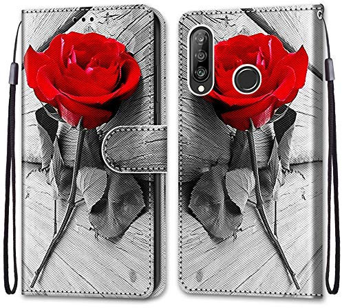 ShinyCase pour Huawei P30 Lite Coque Étui PU Leather Cuir Portefeuille Magnétique Anti-Rayures Protection Cover Emplacement Carte Housse Téléphone Case pour Huawei P30 Lite,Fleur Rose Rouge