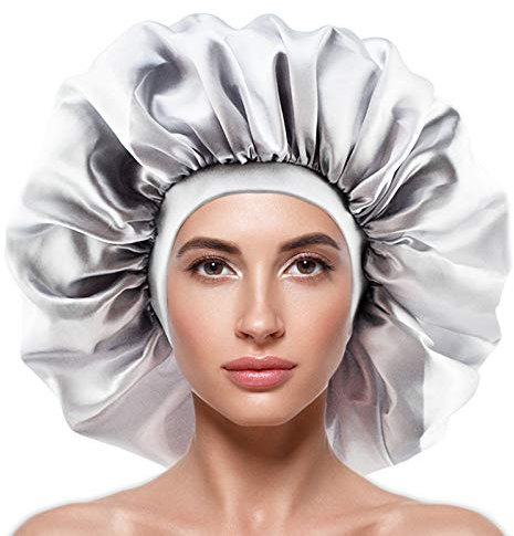 Large Silky Satin Bonnet with Wide Elastic Band, Soft Sleeping Cap Night Hat Big Hair Bonnets Head Cover for Women Curly Natural Long Hair (Silver)