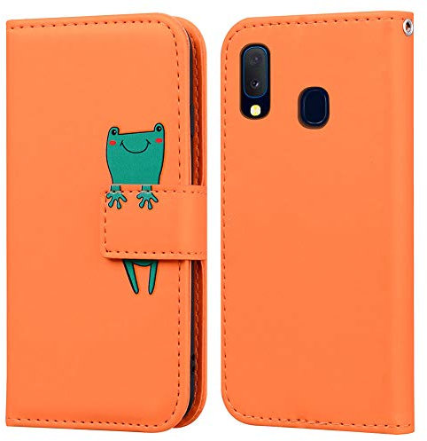 Ailisi für Galaxy A20e Hülle SM-A202F/DS, Karikatur Grün Frog Muster PU Leder Handyhülle Brieftasche Schutzhülle Etui Flip Case Cover Tasche Klapphüllen mit Kartenfächern + Stand -Frosch, Orange