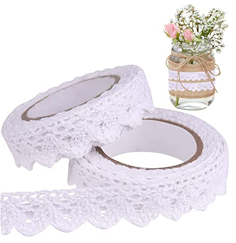 Spitzenband Selbstklebend Weiß, Vintage Spitze Band Rolle Baumwolle Spitzenbordüre Spitzenborte Hochzeit Weihnachten Dekoband Geschenkband, Baumwollspitze Bänder zum Basteln für DIY Scrapbook Deko