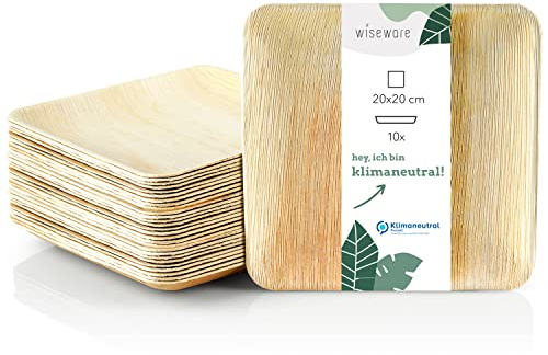 Wiseware Piatti in foglia di palma – 10 piatti monouso quadrati 20 x 20 cm – stoviglie biodegradabili in foglia di palma – stoviglie compostabili – stoviglie monouso biologiche