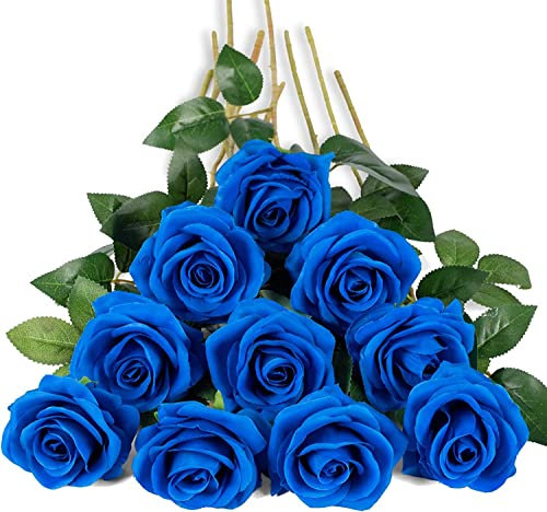 DuHouse 10 rose finte fiori di seta artificiali fiori di rosa finto fiore lunghi steli bouquet per organizzare matrimoni centrotavola festa casa decorazione cucina(Blu Klein)