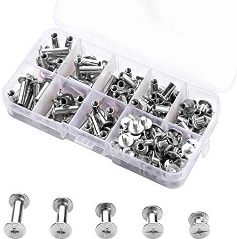 160pz Rivetti a Vite in Acciaio Nichelato 5mm RIvetti Viti Chicago 5 Lunghezza Rivettatrice Tubolare da Rilegatura Borchie a Vite per Decorazione in Pelle Libro Album fai-da-te