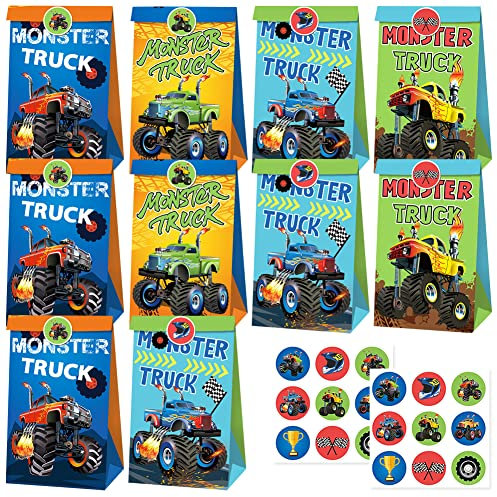 Babioms 12 Stück Geschenktüten Kindergeburtstag Monster Truck Partytüten Papier Monster Truck Party Geschenk Taschen Kleine Monster Truck Party Favors Tüten Monster Truck Süßigkeitentüten