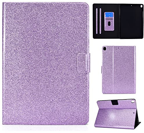 LMFULM® Hülle für Apple iPad 7th/8th/9th Gen 2019-2021 (10,2 Zoll) Glitzer PU Lederhülle Tasche Case mit Auto Schlaf/Wach Ständer Schutzhülle Flip Cover Bling Glänzend Lila