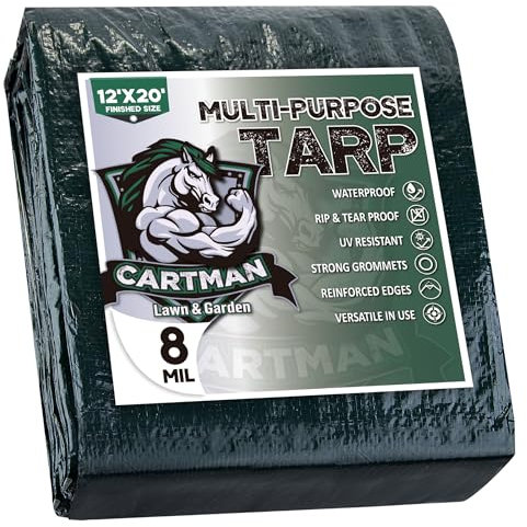CARTMAN Finished Size 12x20 Feet Waterproof Green Tarp 8 Mil Thick, Multipurpose Protective Cover for Emergency Rain Shelter Camping Tarpaulin