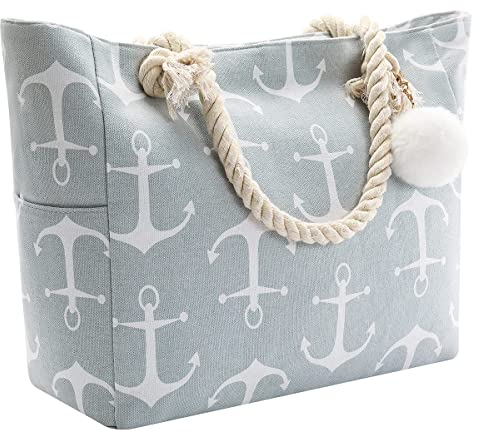 crazy bean Handtasche Strandtasche mit Reißverschluss Umhängetasche Shopper Groß für Laptoptasche Streifen Tote Bag xxl Familie Canvas Tasche Damen Herren Saunatasche,Grauer Anker