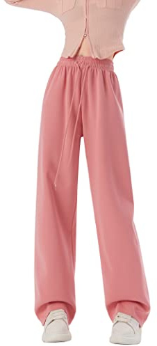 Kiench Pantalon de Jogging Taille Haute pour Ado Fille Jambes Larges avec Cordon de Serrage FR 14-16 Ans, Rose