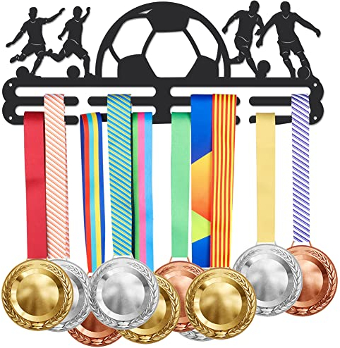 SUPERDANT Fußball Medaillen Aufbewahrung Sport Fußball Medaillen Halter Fußballs Medaille Aufhängedekor Schwarzer Eisen Medaillenhalter Mit Haken Geschenke für Sportler und Kinder 40x15cm