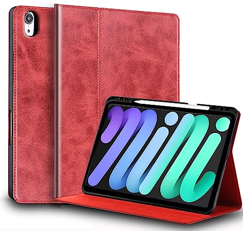 Gexmil Leder Hülle für iPad mini 7 A17 Pro 2024,iPad mini 6. Generation 2021 8,3 Zoll Echt Leder Smart Cover mit Stylus Halter Stoßfest,Automatischer Schlaf/Aufwachen,Einstellbarer Ständer,Rot