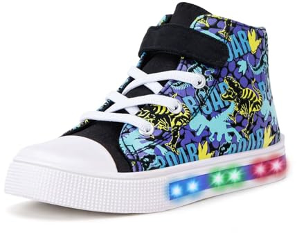 Baskets montantes en toile clignotantes unisexes pour enfants - Légères et décontractées, Dinosaure bleu violet, 24 EU