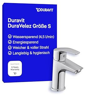 Duravit DuraVelez wassersparende Waschtischarmatur, Größe S (Auslauf Höhe 100 mm), energiesparende Waschbecken Armatur (FreshStart), Wasserhahn Bad ohne Zugstangen Ablaufgarnitur, Chrom