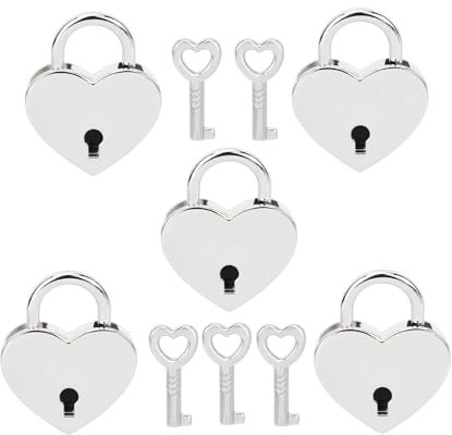 VerRich 5Pcs Silver Heart Shaped Padlock,Mini Vintage Locks with Key for Handbag,Jewelry Box, Storage Box, Diary Book