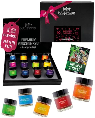 Hallingers Genuss Manufaktur Gewürz Muttertagsgeschenk-Set - 12 Gewürze aus aller Welt in wertiger Geschenkbox mit Rezept-Booklet Danke Mama, Geschenkidee für Mama Oma