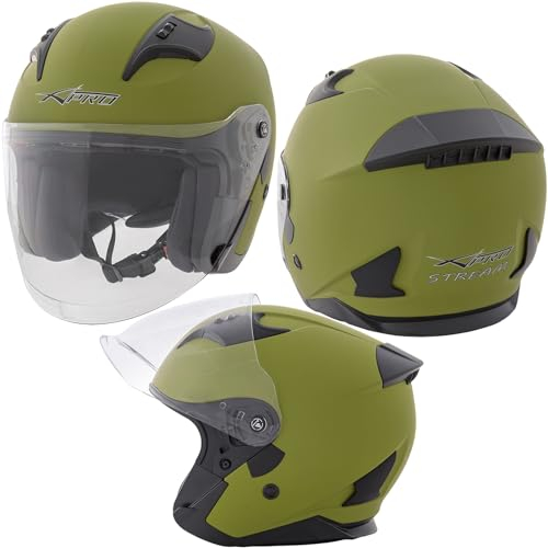 A-Pro Jethelm Motorrad Offen Visier Roller Kratzfest Urban ECE 22-06 Matt Grün L