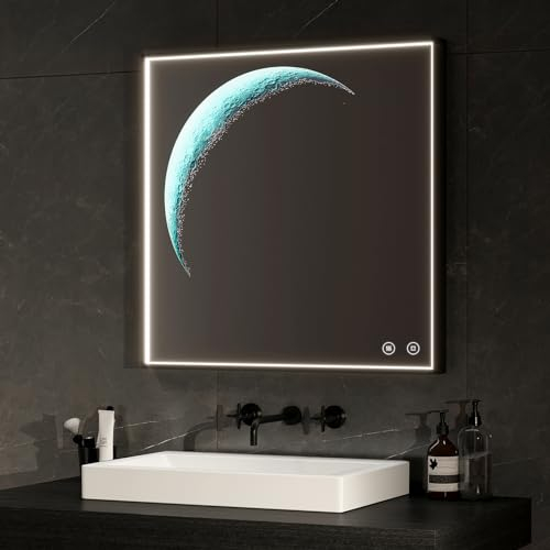 EMKE Badspiegel mit Beleuchtung LED Spiegel 60x60cm Spiegel mit Beleuchtung Schwarz mit Touchschalter+Antibeschlag+Kaltweiß Licht, Dimmbar, Speicherfunktion Badezimmerspiegel IP44 Energiesparend