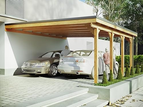 Carport Adosse Bois Riverside - 2 Voitures - 548 x 550 - Abris Voiture - Feutre Bitumeux sur Les Voliges - Bandeau de Finition - Toit Plat
