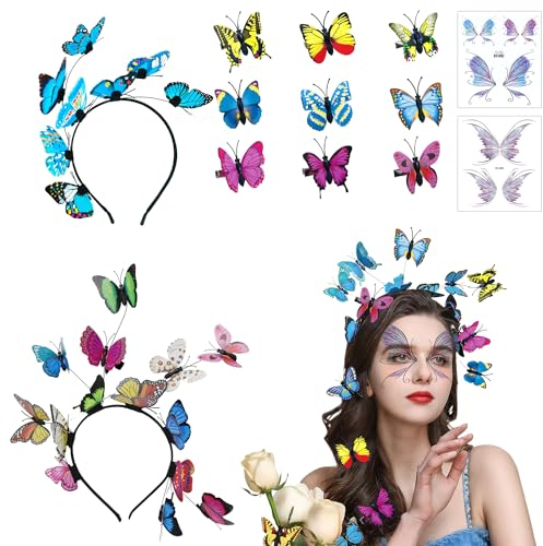 Schmetterling Haarreif, 2 Schmetterlings-Stirnband, 9 Schmetterlings-Clips, 2 Schmetterling Tattoo, Party Haarreif Kopfschmuck Haarschmuck Haarband für Damen Mädchen Halloween Fasching Party Cosplay