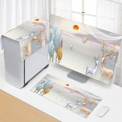 Hixingo 3 Pieces Set Computer Dirt-Proof Cover, Desktop PC Dust Cover Protector Computer Screen Display Protective for 17-34 inch Desktop, PC, TV (23”-24”,Lake Fawn)
