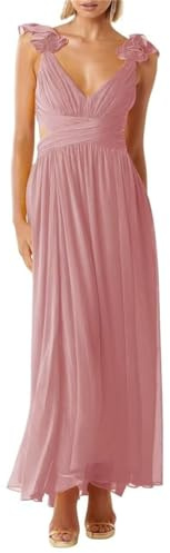 Robes de bal sans manches pour juniors longues froncées en mousseline de soie formelle princesse demoiselle d'honneur Maxi robes de soirée WSX441, vieux rose, 42