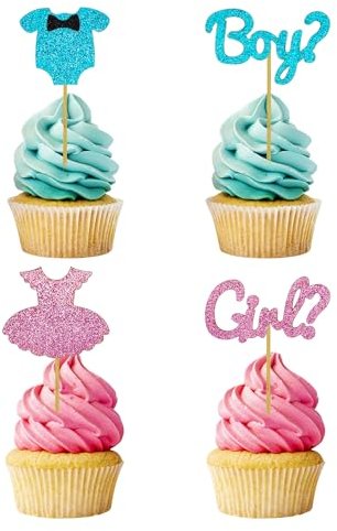 Boy or Girl Cupcake Toppers, 12Pcs Glitter Onesie Jumpsuit Cake Toppers Gender Reveal Cake Decoration for Pink or Blue Baby Shower Kids Birthday Party Decorations Supplies Y7LFBBCP