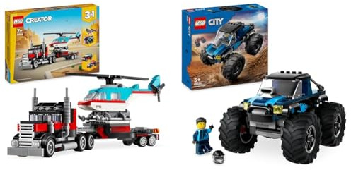 LEGO Creator 3in1 Flatbed Truck with Helicopter Toy to Propeller Plane and Fuel Lorry to Hot Rod & City Blue Monster Truck Toy for 5 Plus Year Old Boys & Girls, Vehicle Set