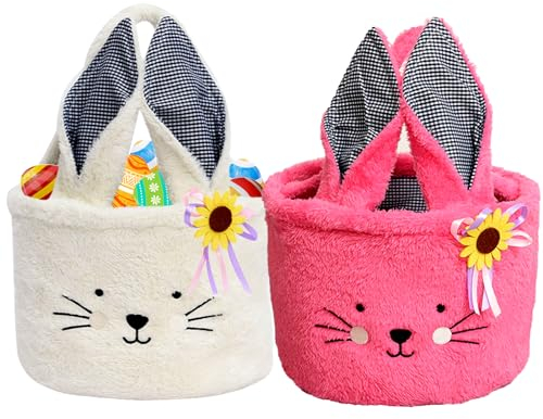 Tierisch süßer Osterkorb - Osterhase Plüschkorb zum Befüllen und Verschenken als frühlingshafte Osterdeko und Geschenkidee für ein blumiges Osternest. (Weiß & Rot)
