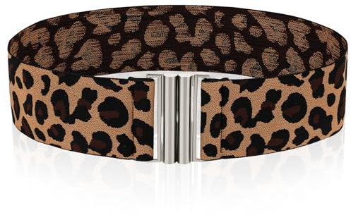 Amabro Stretch Taillengürtel für Damen, Schmaler Elastischer Breiter Bund Leopardenmuster Retro Kleid Tuck Gürtel Flache Schnalle(Silber)