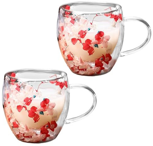 Tasses en Verre Transparent à Double Paroi Tasses à Café Créatives Résistantes à la Chaleur avec Poignée Fleurs Tasse en Verre à Double Isolation pour Boissons Chaudes et Froides(rose rouge)