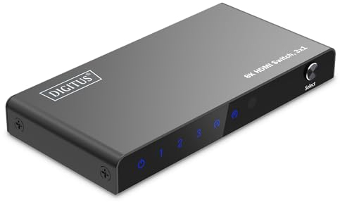 DIGITUS DS-55333 HDMI Switch 3x1 – 3 In 1 Out – UHD 8K/60 Hz HDTV: 7680 × 4320p – HDCP 2.3 & HDMI 2.1 – HDR, CEC, Deep Color, DTS, Dolby Digital, LPCM – Für TV, Monitor, PS5, PS4, Xbox