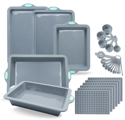 To encounter 28 Pieces Silicone Baking Sheet Pans Set, Non-Stick Silicone Cookie Sheet with Baking Mats, Heat Resistant Baking Tray Sets, with Metal Reinforced Frame More Strength, Light Grey