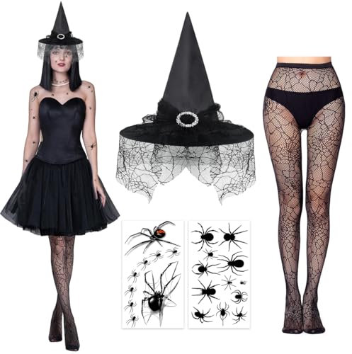 Augesak 4 Teiliges Hexen Kostüm Accessoire, Hexenhut mit Spitzenbesatz, Strumpfhose Spinnennetz, Spinnen Tattoo Gesicht, Hexen Spinnen Kostüm Zubehör für Karneval Fasching Cosplay