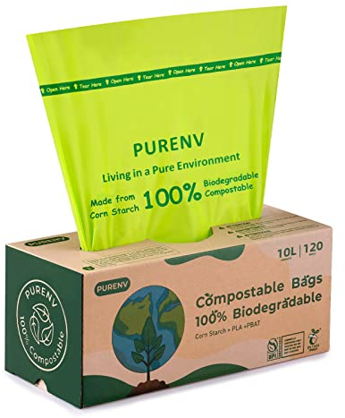 PURENV 10L Bolsas de Basura Compostable, 120 Bolsas Basura Biológicas, 100% compostables y biodegradables, Certificado EN13432